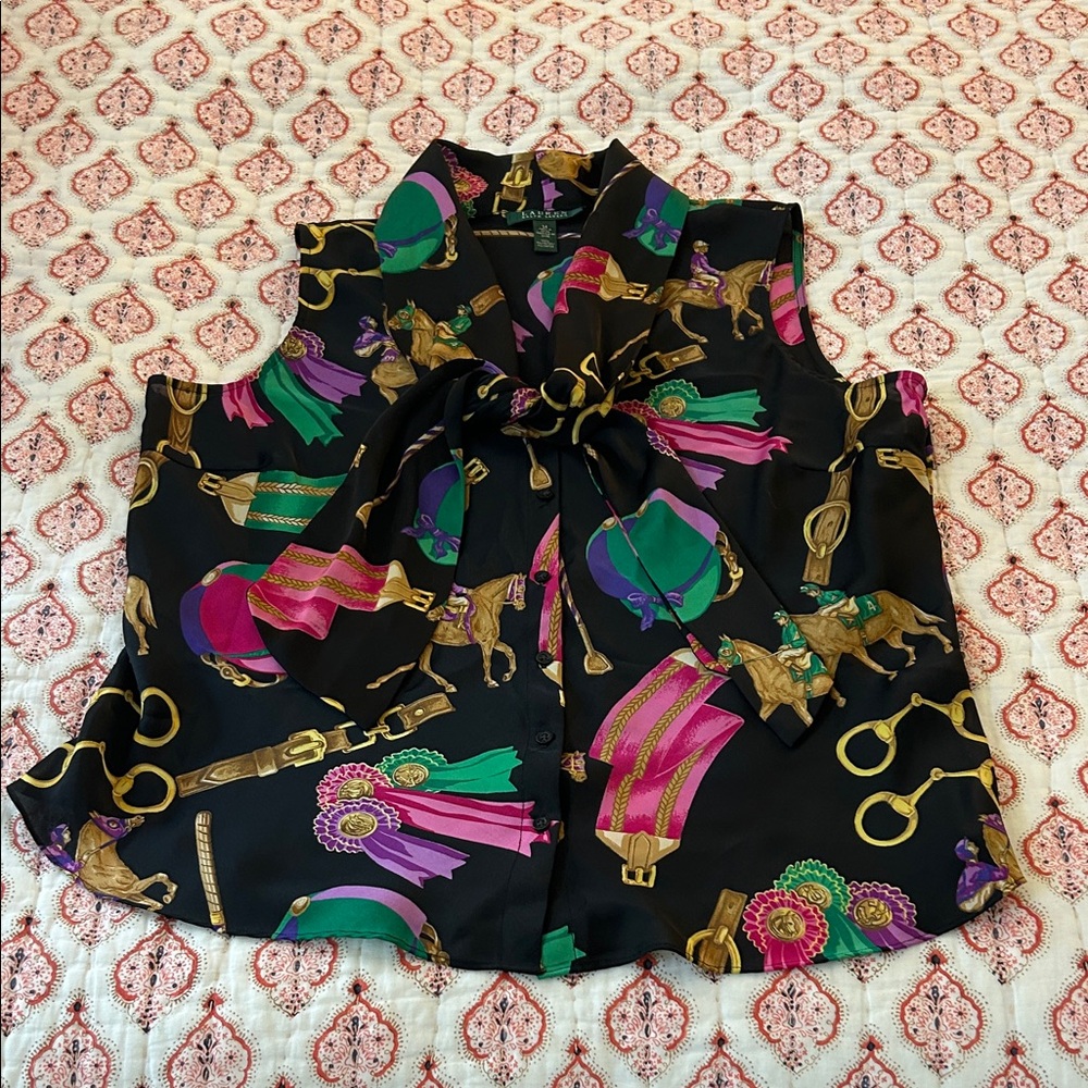Ralph Lauren Black Sleeveless Bow-Tie Print Blouse